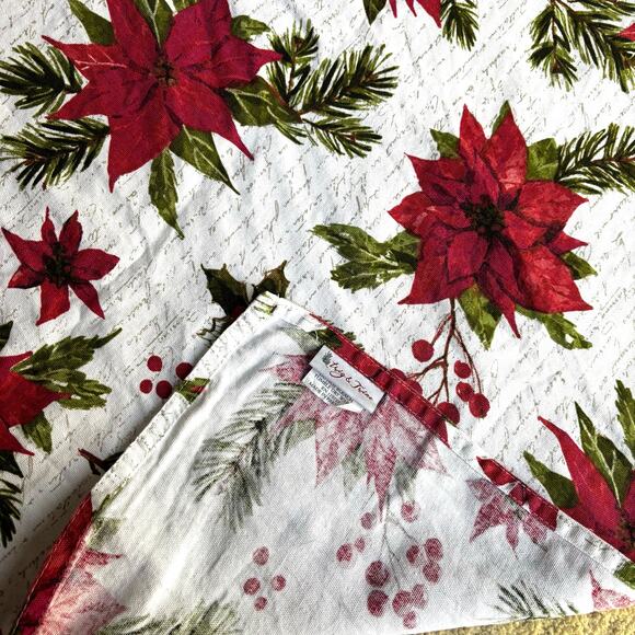 Twig & Twine festive Christmas tablecloth large rectangle red poinsettia cotton - Picture 5 of 9